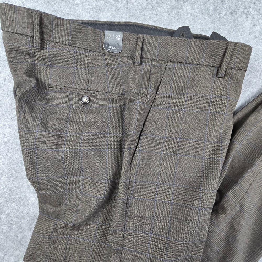 J.Crew Ludlow Slim Stretch Dress Pants 33x32 Brown Glen Plaid Wool Blend J6066